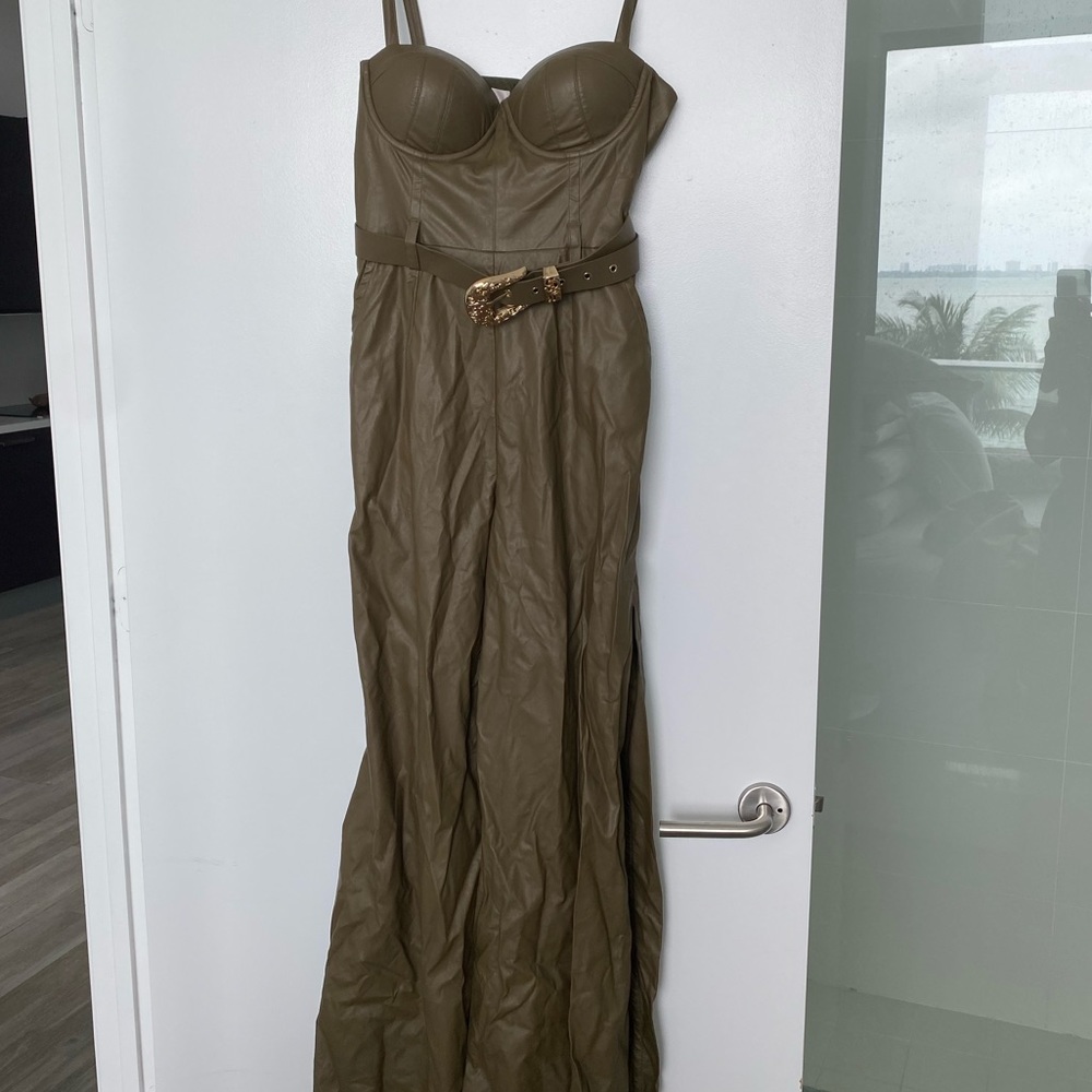 House of CB Olive Green Faux Leather Strapless Jumpsuit with Belt